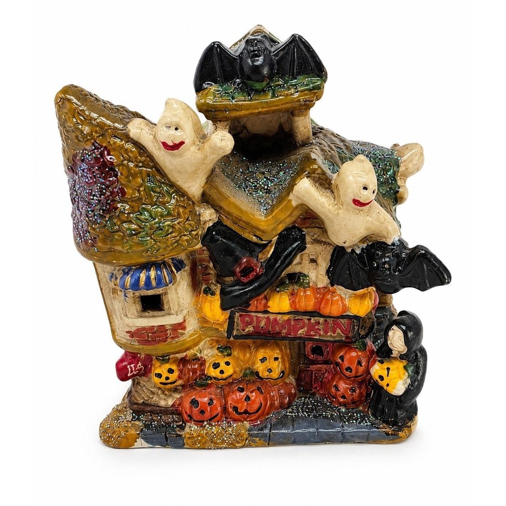 Vintage Lighted Halloween Haunted House Ghosts Bats Pumpkins Witch Glitter Works